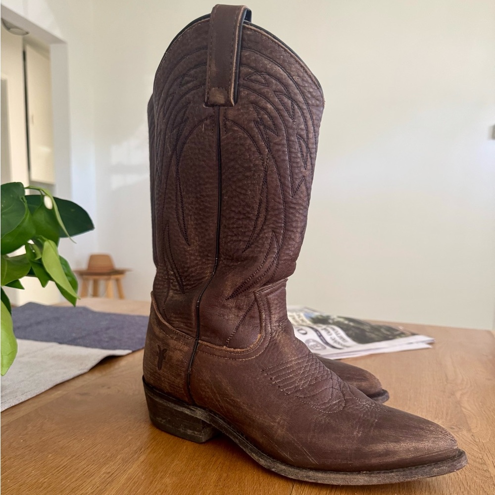 Frye Billy Women's Leather Deco Pull On Stitch Boots Sz 9 Distressed Brown
